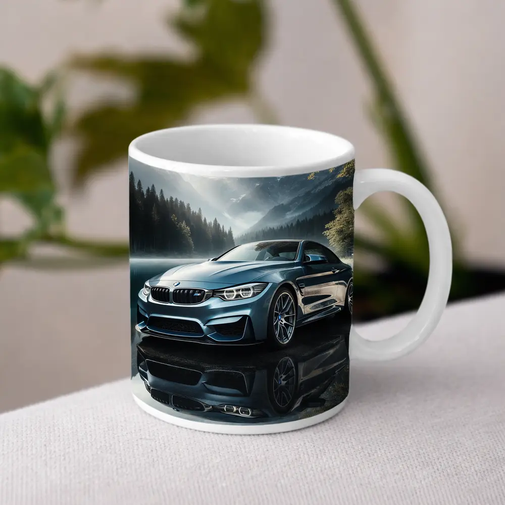 BMW M4 Blue Coupe Mountain Lake Scene – Mugs