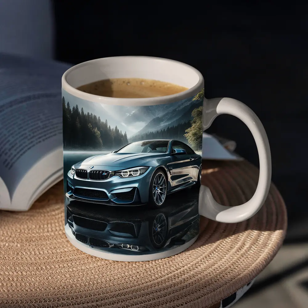 BMW M4 Blue Coupe Mountain Lake Scene – Mugs