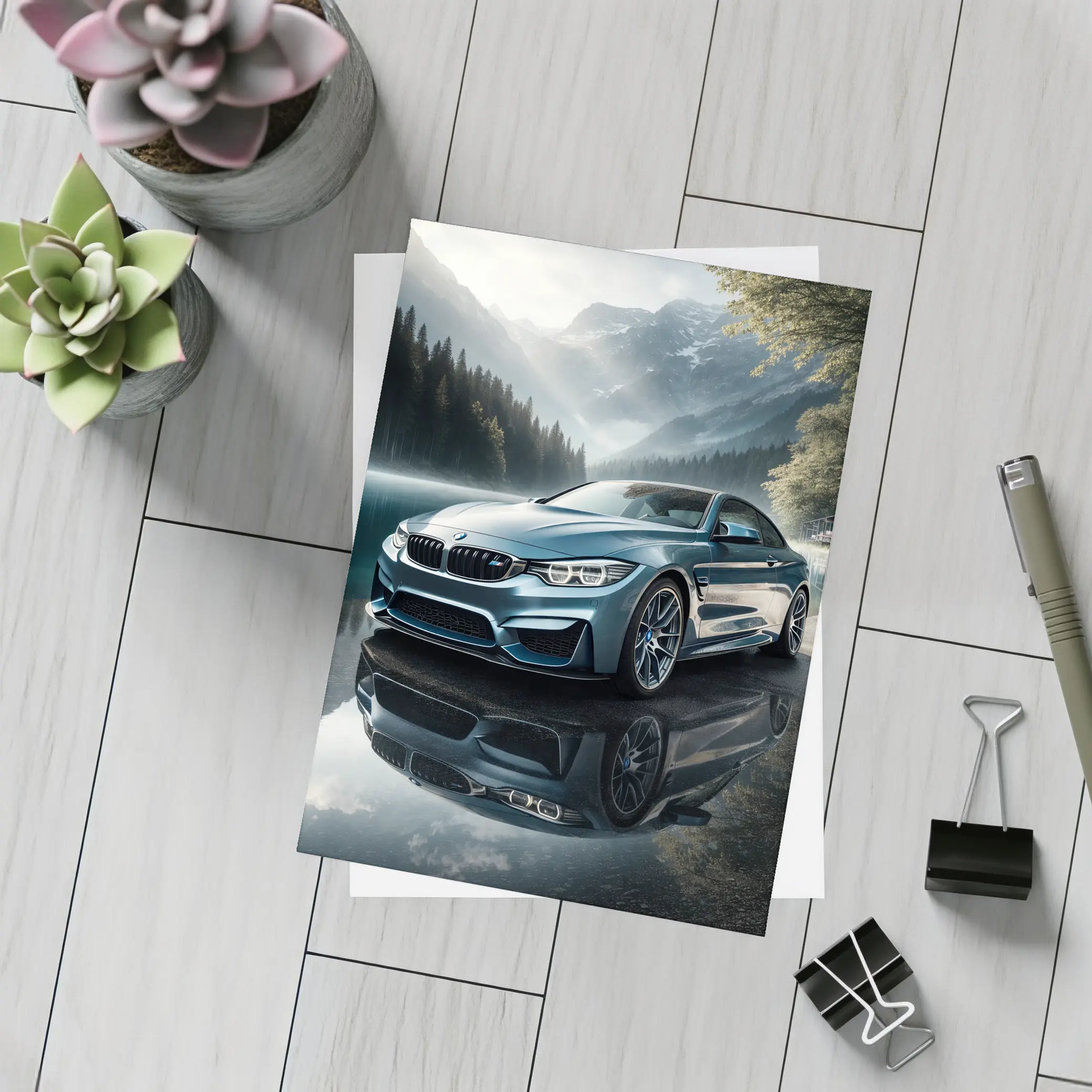 BMW M4 Blue Coupe Mountain Lake Scene – Postcards