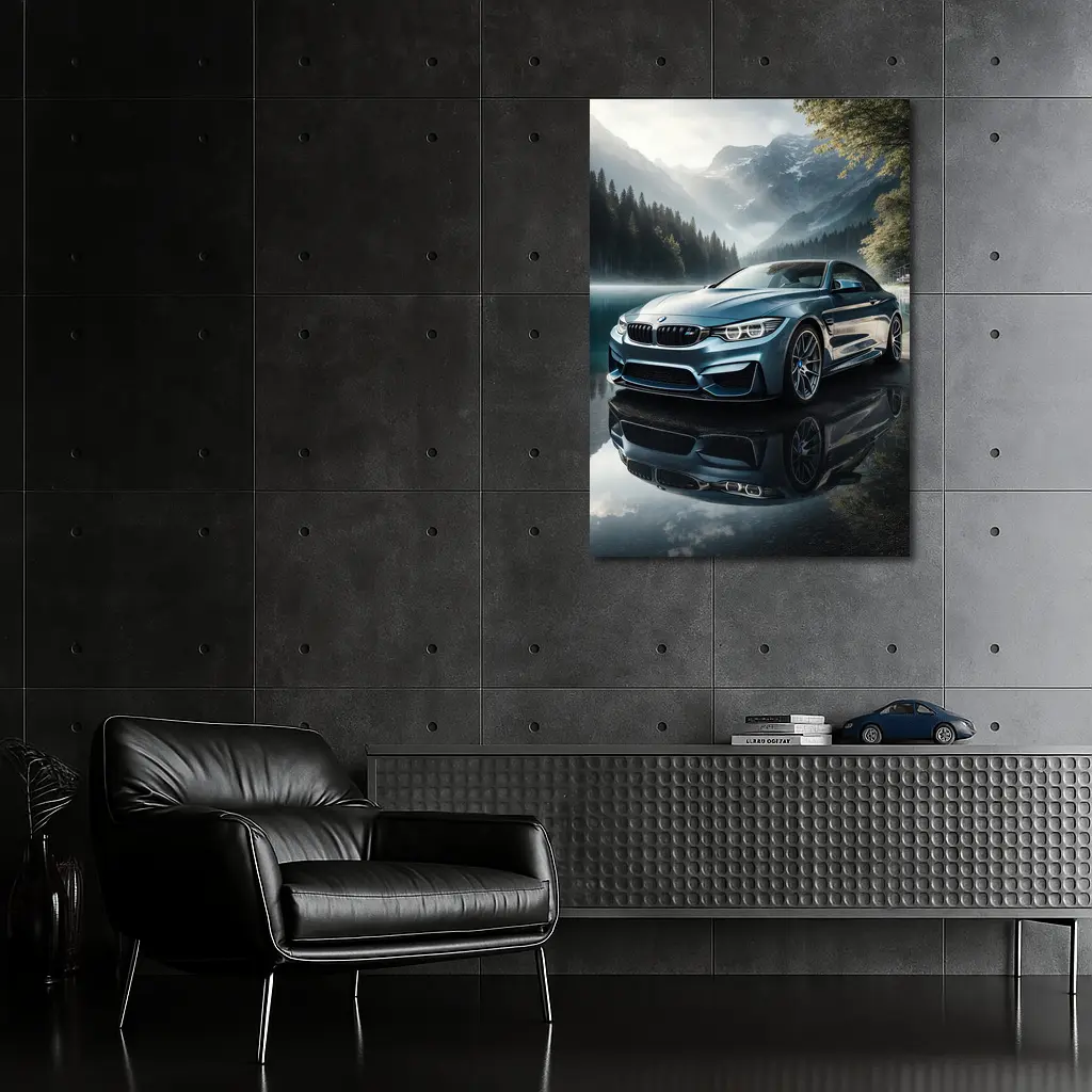 BMW M4 Blue Coupe Mountain Lake Scene – Wall Art