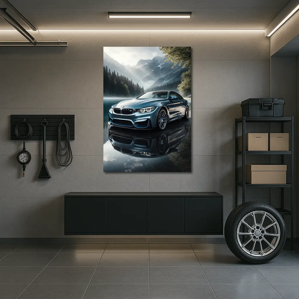 BMW M4 Blue Coupe Mountain Lake Scene – Wall Art