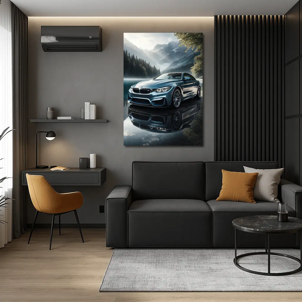 BMW M4 Blue Coupe Mountain Lake Scene – Wall Art