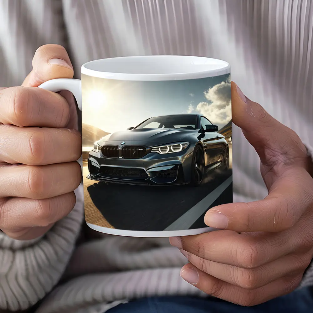 BMW M4 Dark Gray Racing on Open Road – Mugs