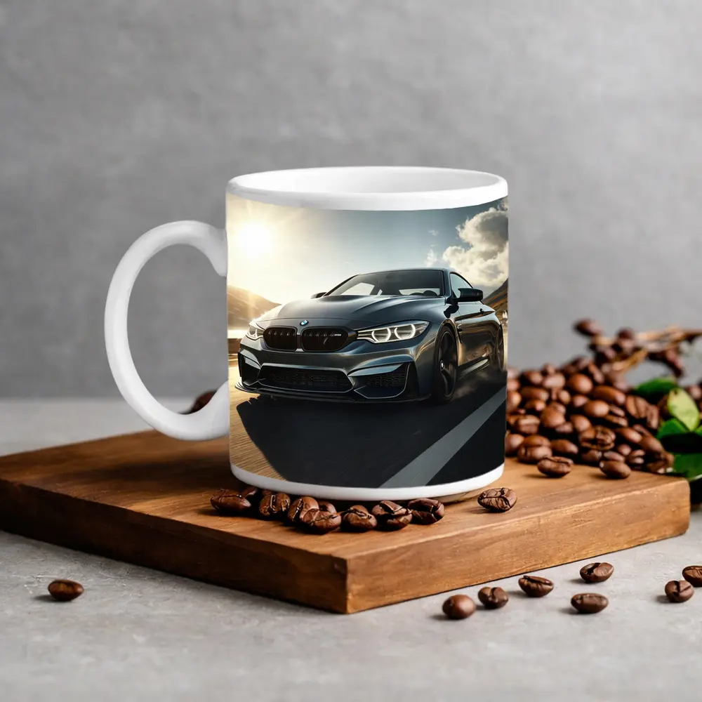 BMW M4 Dark Gray Racing on Open Road – Mugs