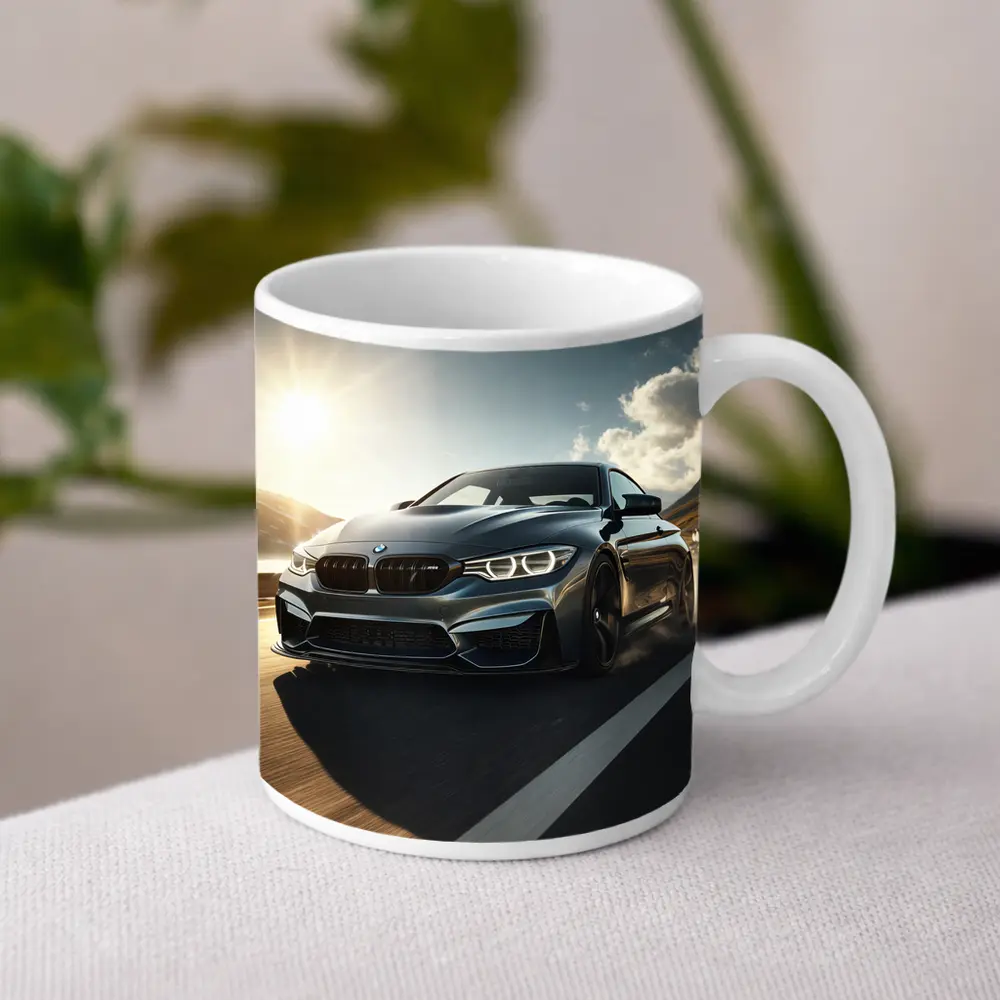 BMW M4 Dark Gray Racing on Open Road – Mugs