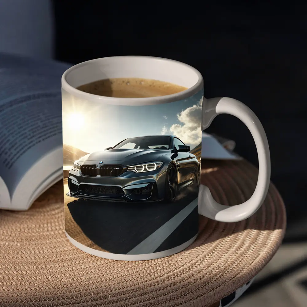 BMW M4 Dark Gray Racing on Open Road – Mugs