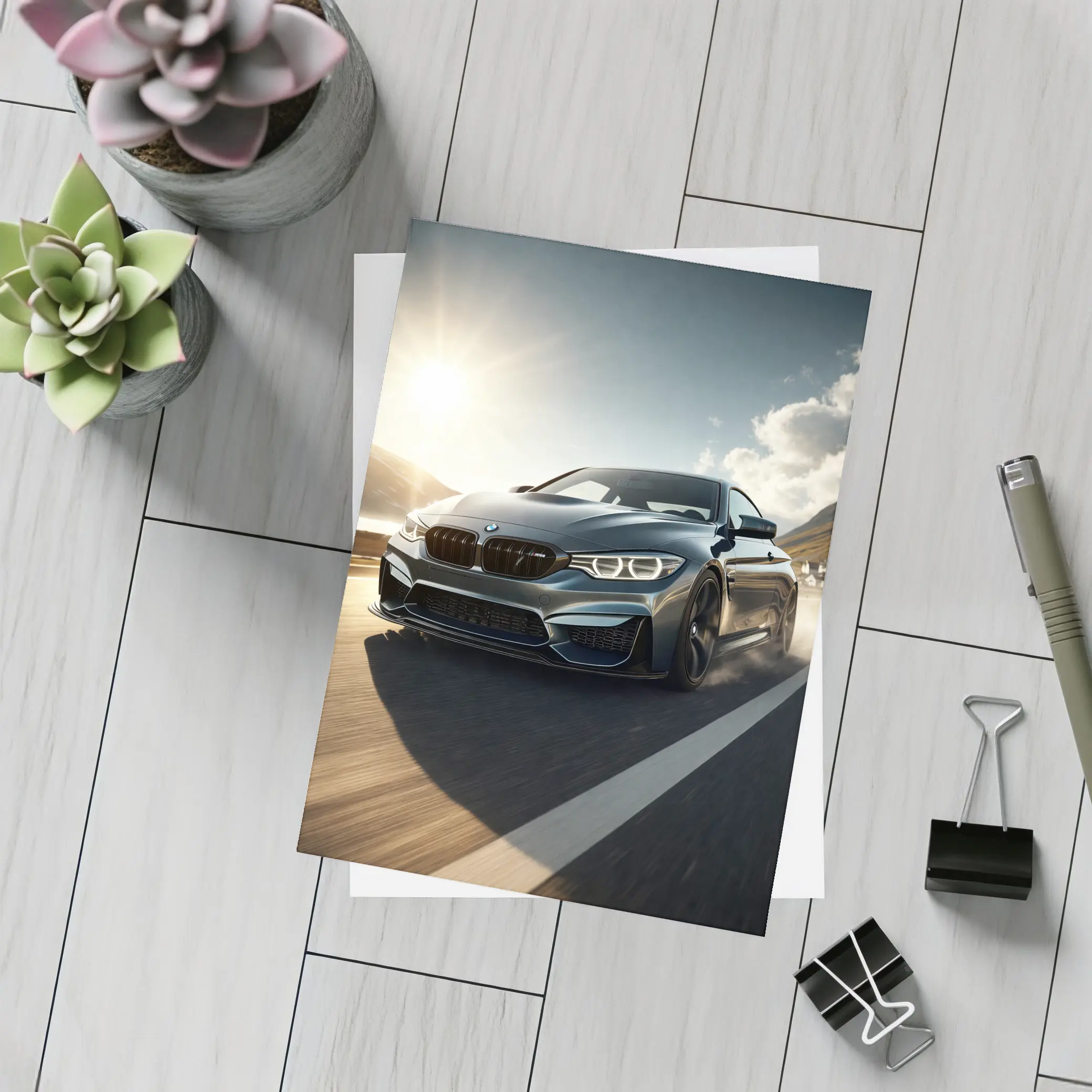 BMW M4 Dark Gray Racing on Open Road – Postcards