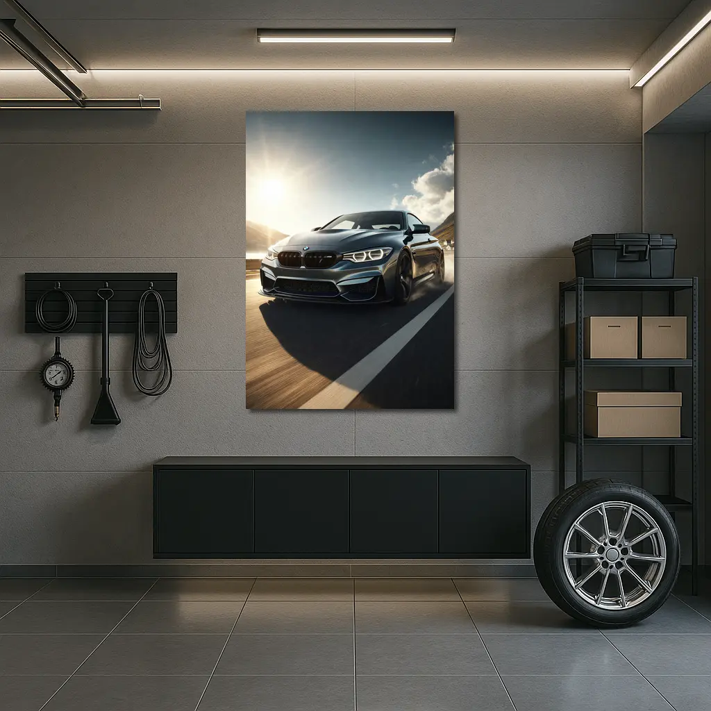 BMW M4 Dark Gray Racing on Open Road – Wall Art