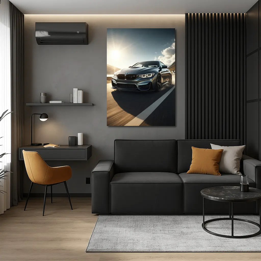 BMW M4 Dark Gray Racing on Open Road – Wall Art
