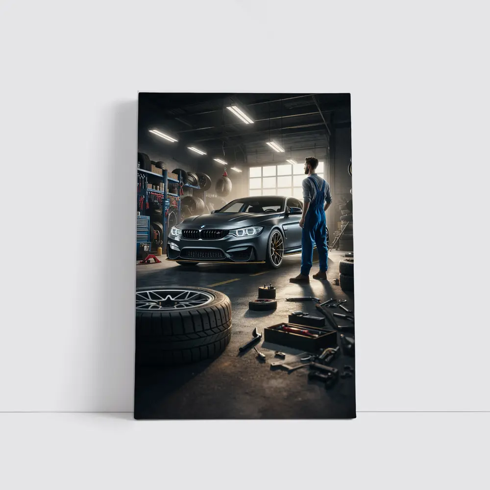 BMW M4 Mechanic Workshop Garage Scene – Wall Art