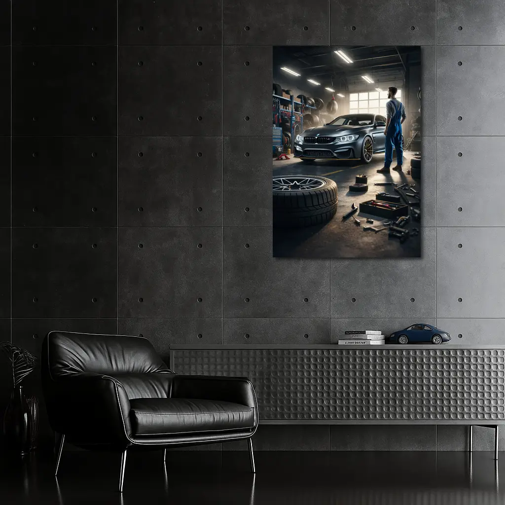 BMW M4 Mechanic Workshop Garage Scene – Wall Art