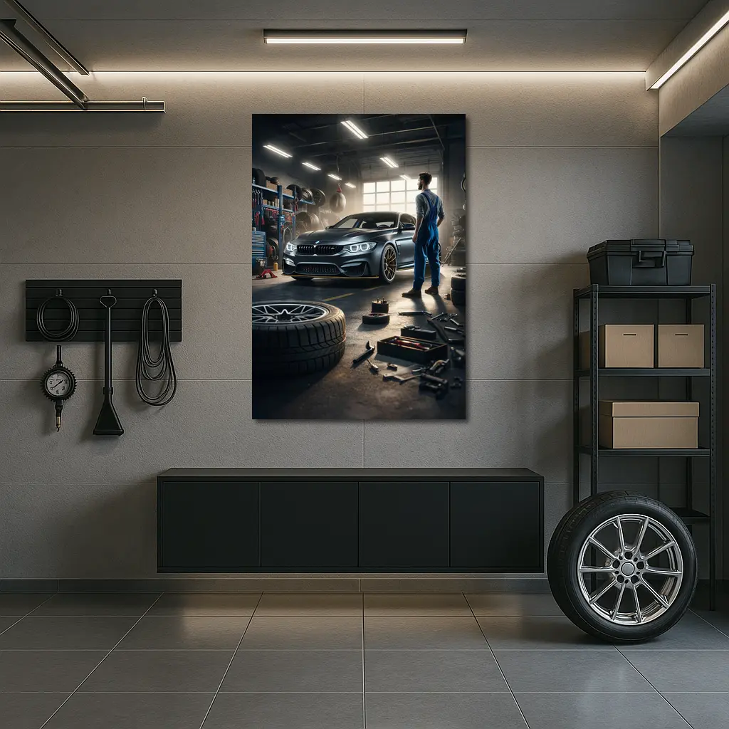 BMW M4 Mechanic Workshop Garage Scene – Wall Art