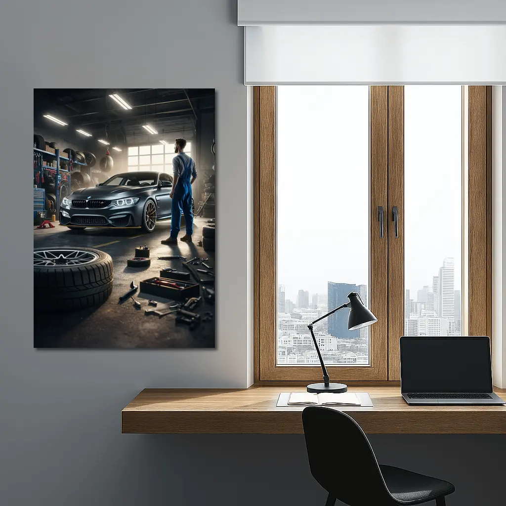 BMW M4 Mechanic Workshop Garage Scene – Wall Art