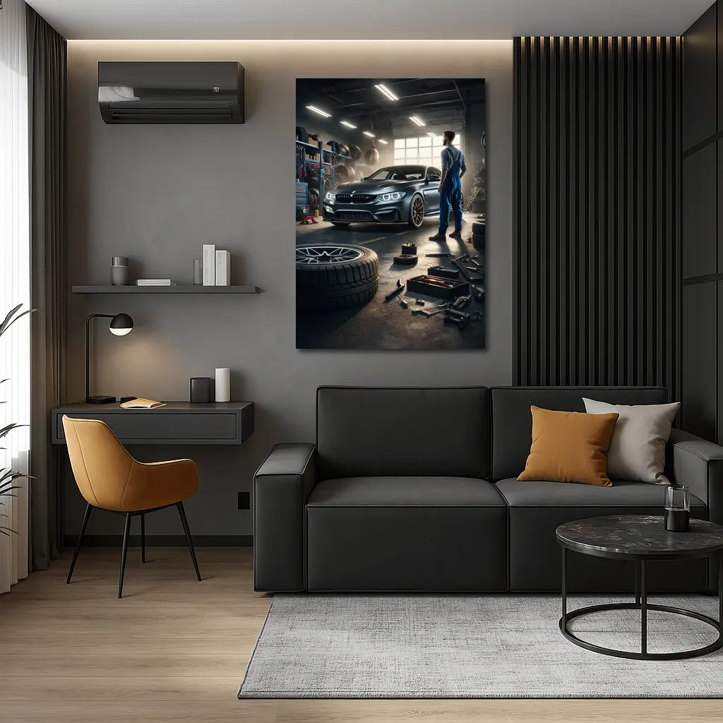 BMW M4 Mechanic Workshop Garage Scene – Wall Art