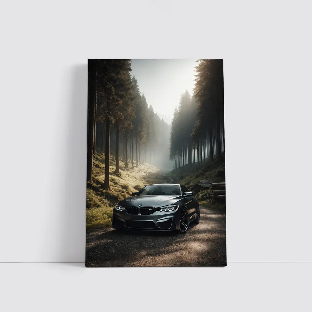 BMW M4 Parked On Misty Forest Road – Wall Art
