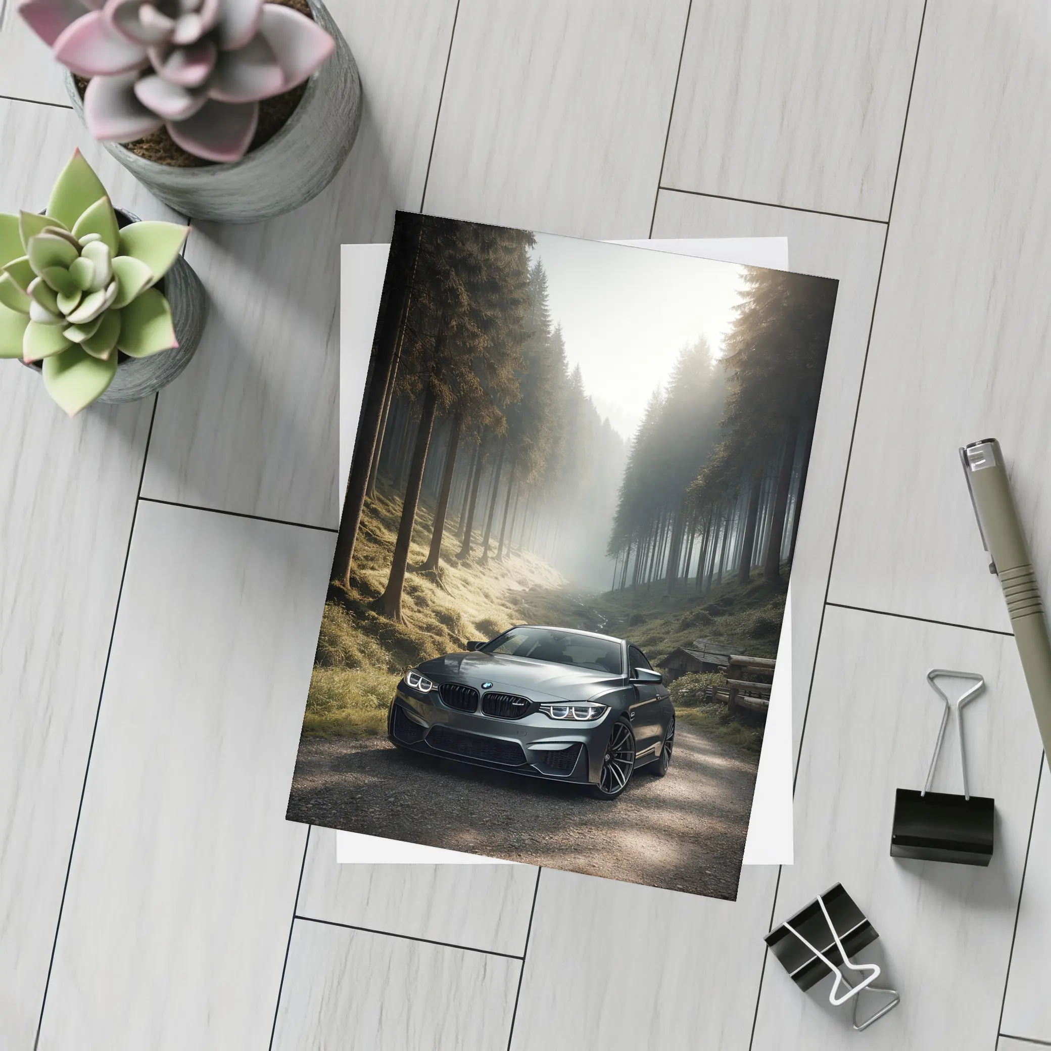 BMW M4 Parked On Misty Forest Road – Postcards