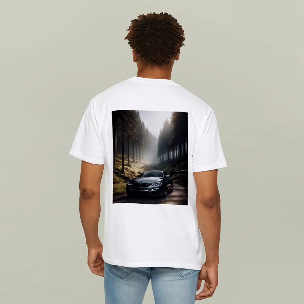 BMW M4 Parked On Misty Forest Road – T-Shirts