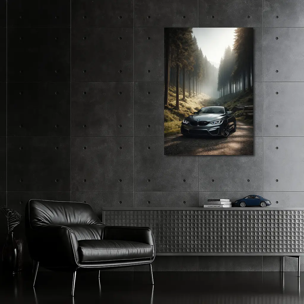 BMW M4 Parked On Misty Forest Road – Wall Art
