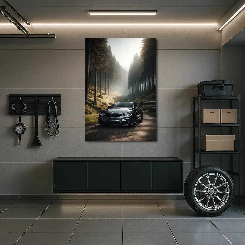 BMW M4 Parked On Misty Forest Road – Wall Art