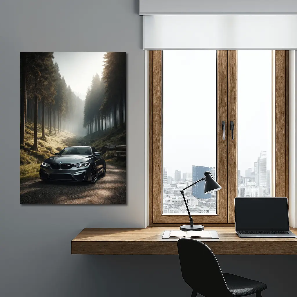 BMW M4 Parked On Misty Forest Road – Wall Art