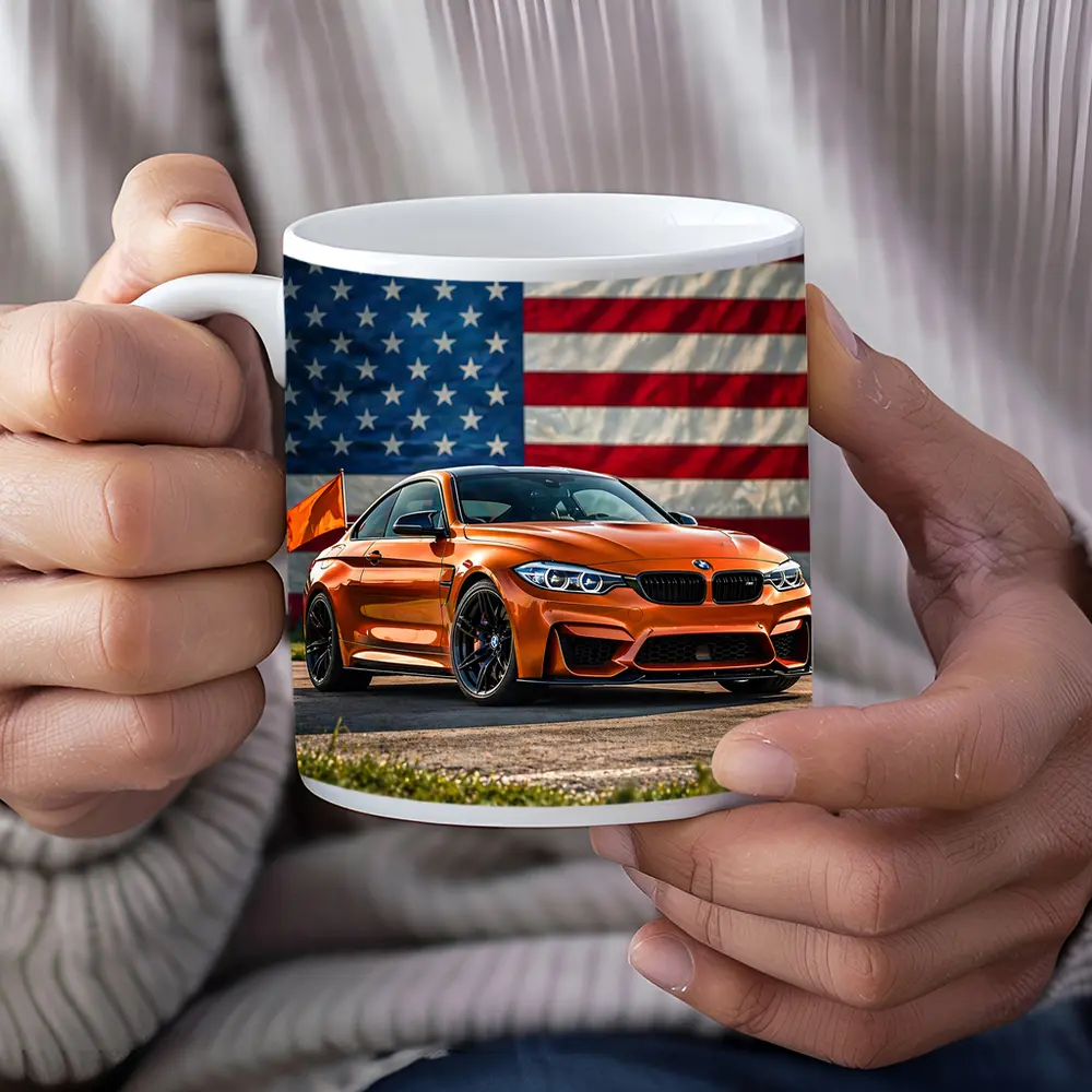 BMW M4 Orange American Flag Background – Mugs