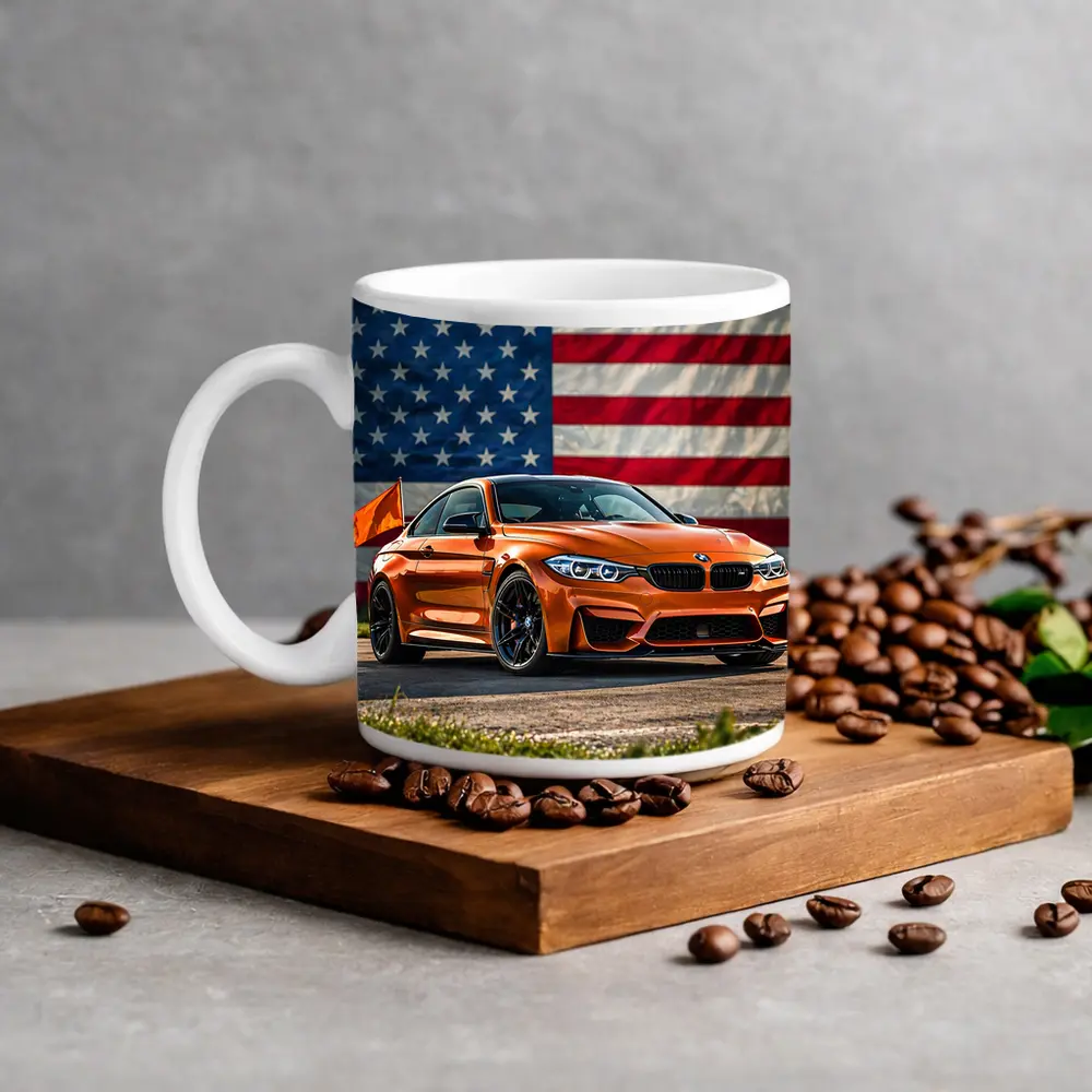 BMW M4 Orange American Flag Background – Mugs