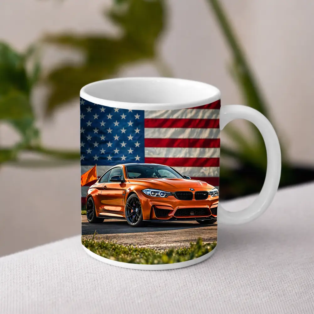 BMW M4 Orange American Flag Background – Mugs