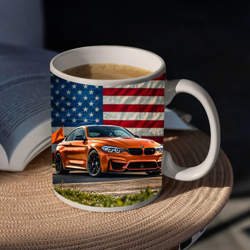 BMW M4 Orange American Flag Background – Mugs