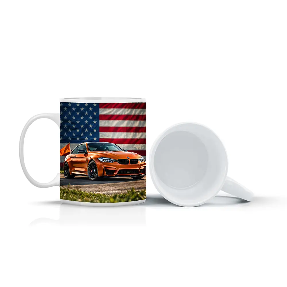 BMW M4 Orange American Flag Background – Mugs