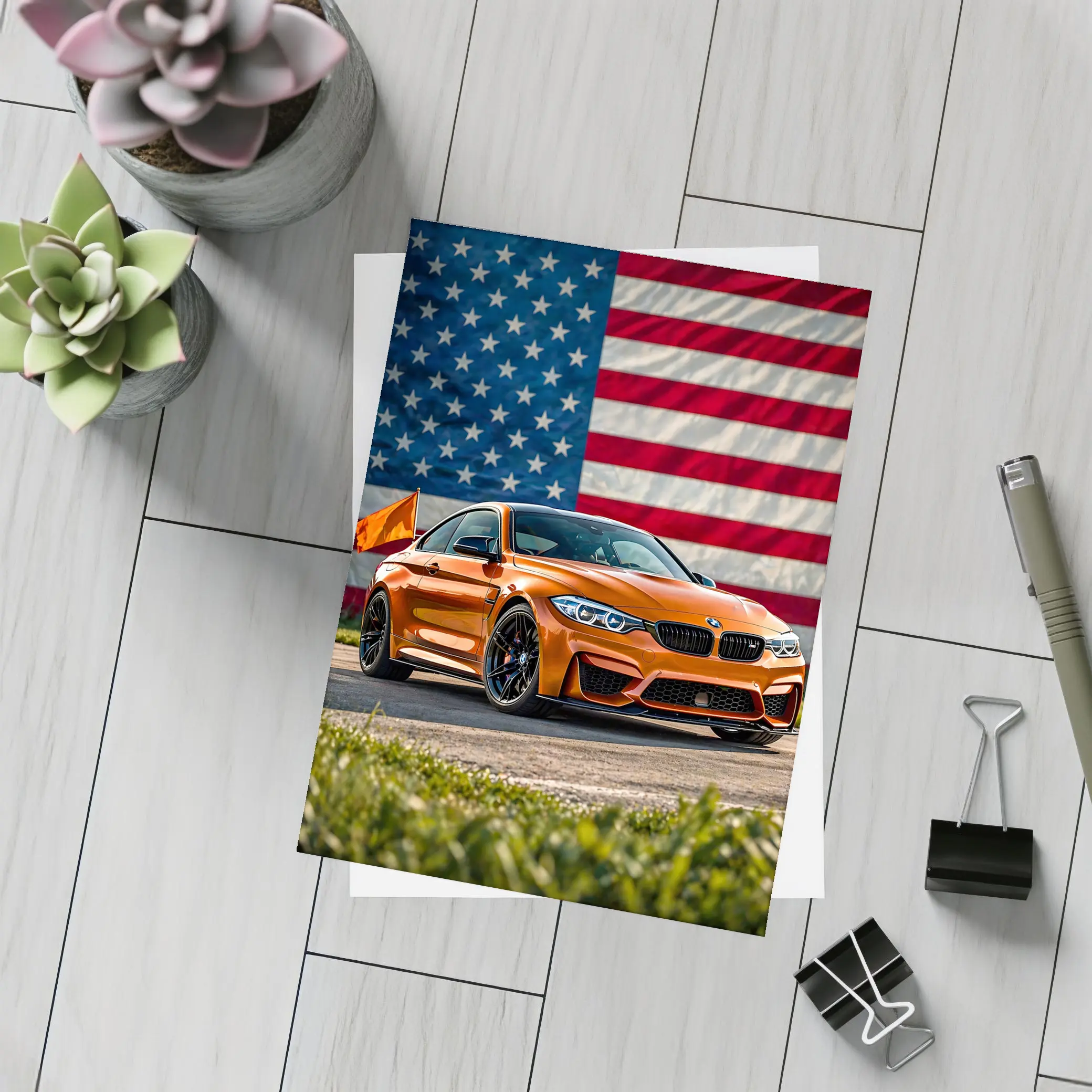 BMW M4 Orange American Flag Background – Postcards