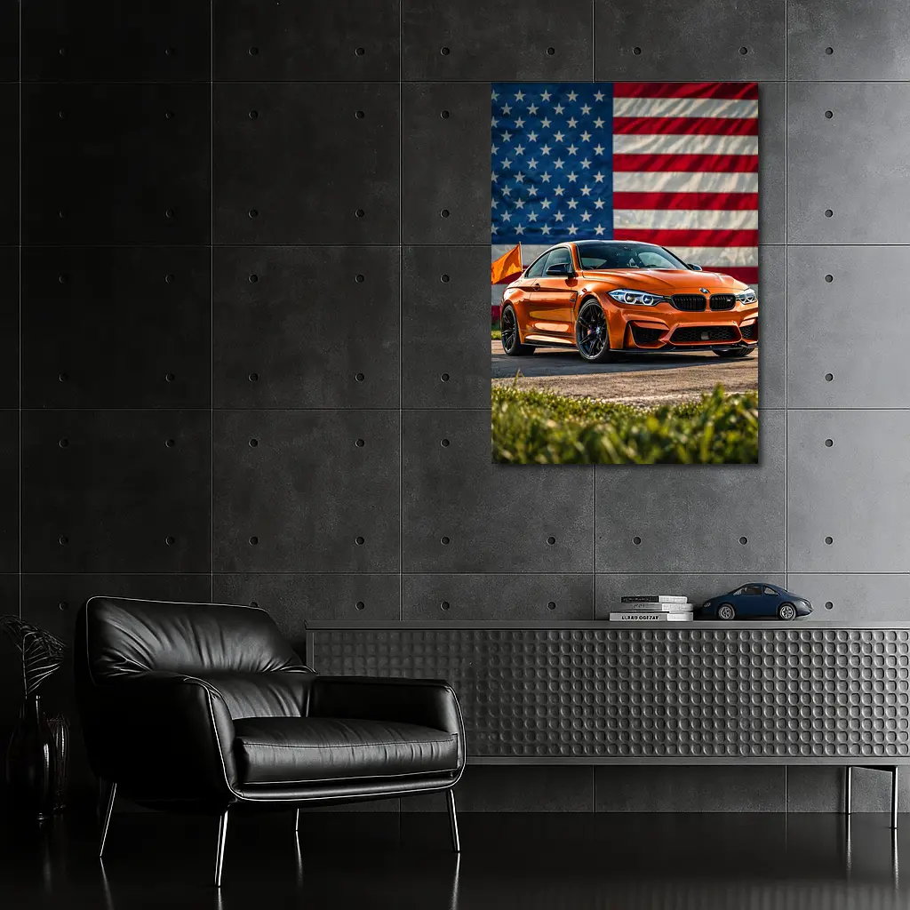 BMW M4 Orange American Flag Background – Wall Art