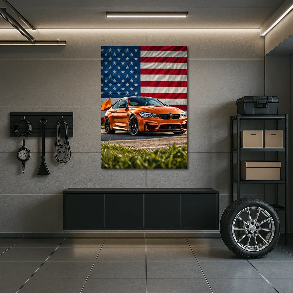 BMW M4 Orange American Flag Background – Wall Art