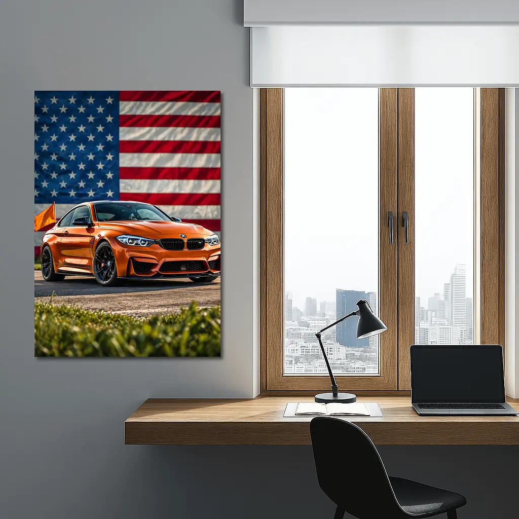 BMW M4 Orange American Flag Background – Wall Art