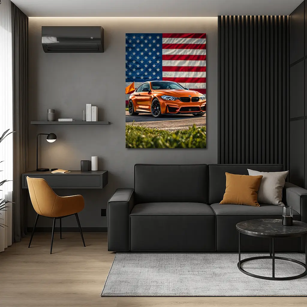 BMW M4 Orange American Flag Background – Wall Art