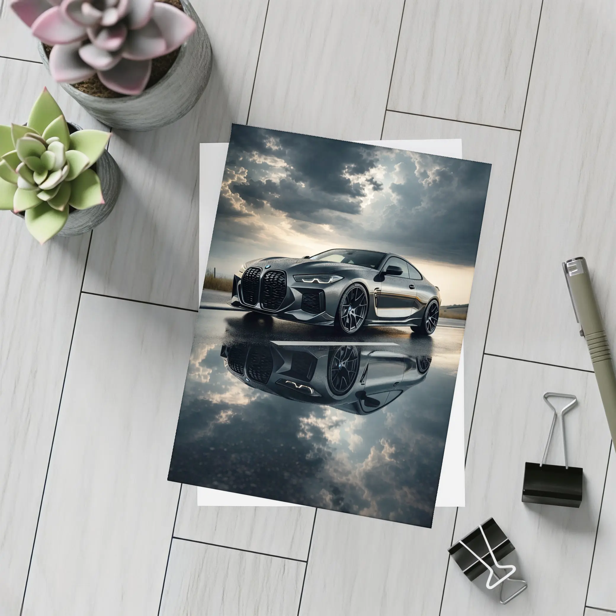 BMW M4 Black Coupe Stormy Sky Reflection – Postcards