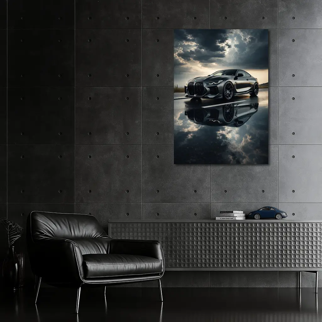 BMW M4 Black Coupe Stormy Sky Reflection – Wall Art