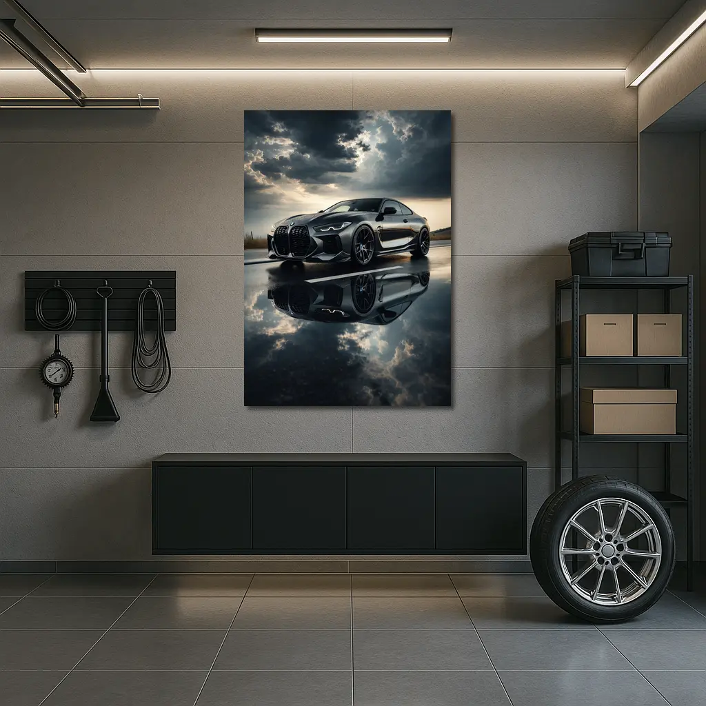 BMW M4 Black Coupe Stormy Sky Reflection – Wall Art