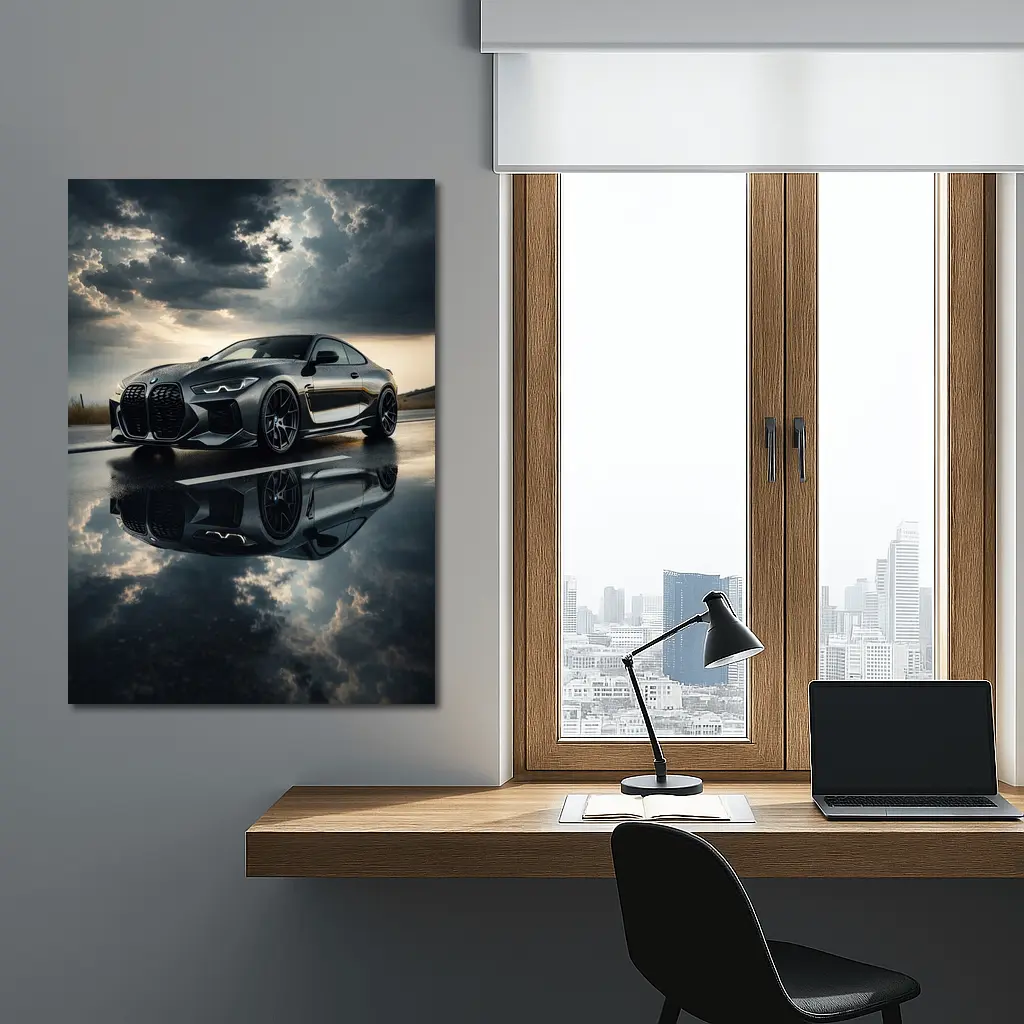 BMW M4 Black Coupe Stormy Sky Reflection – Wall Art