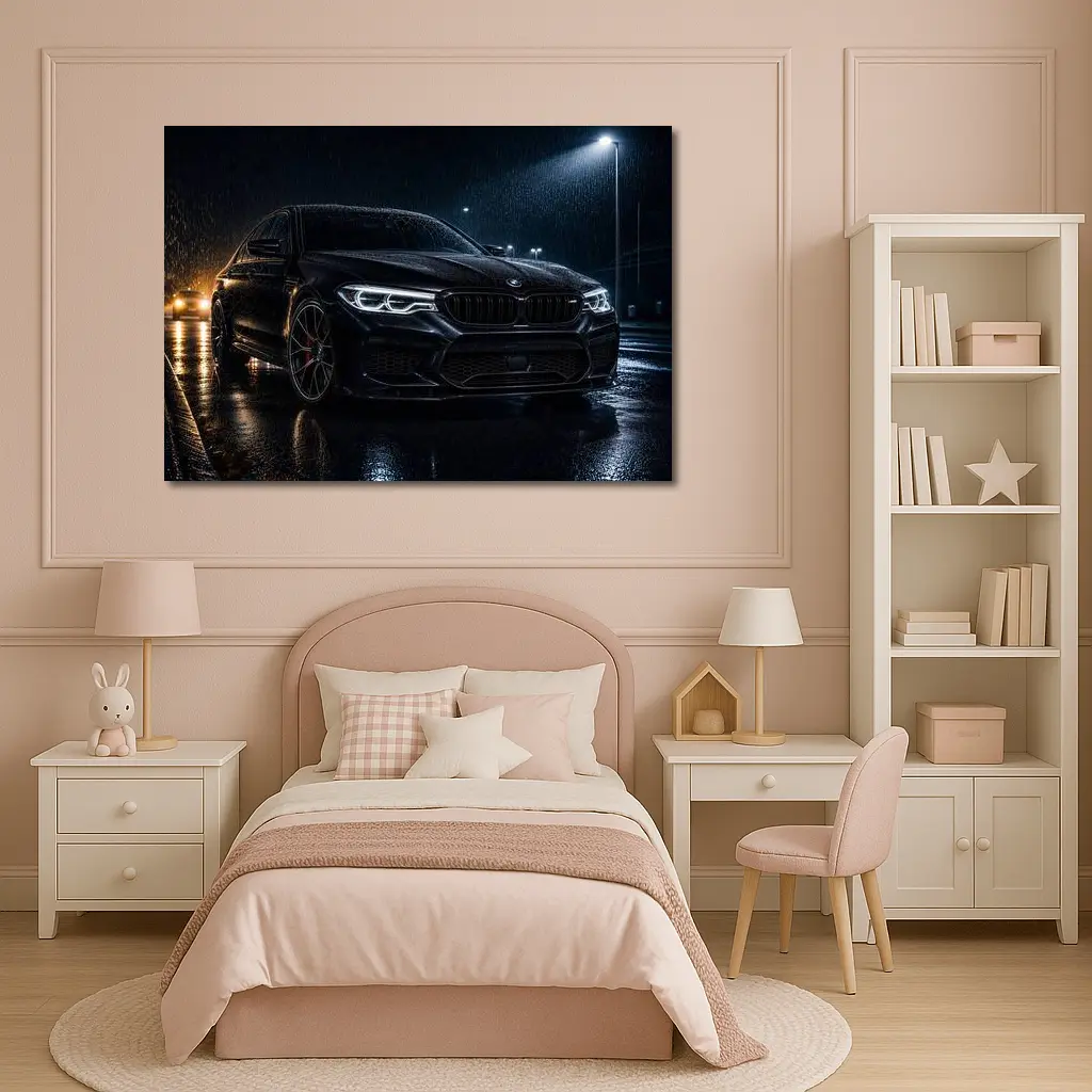 BMW M5 Black Rainy Night Street – Wall Art