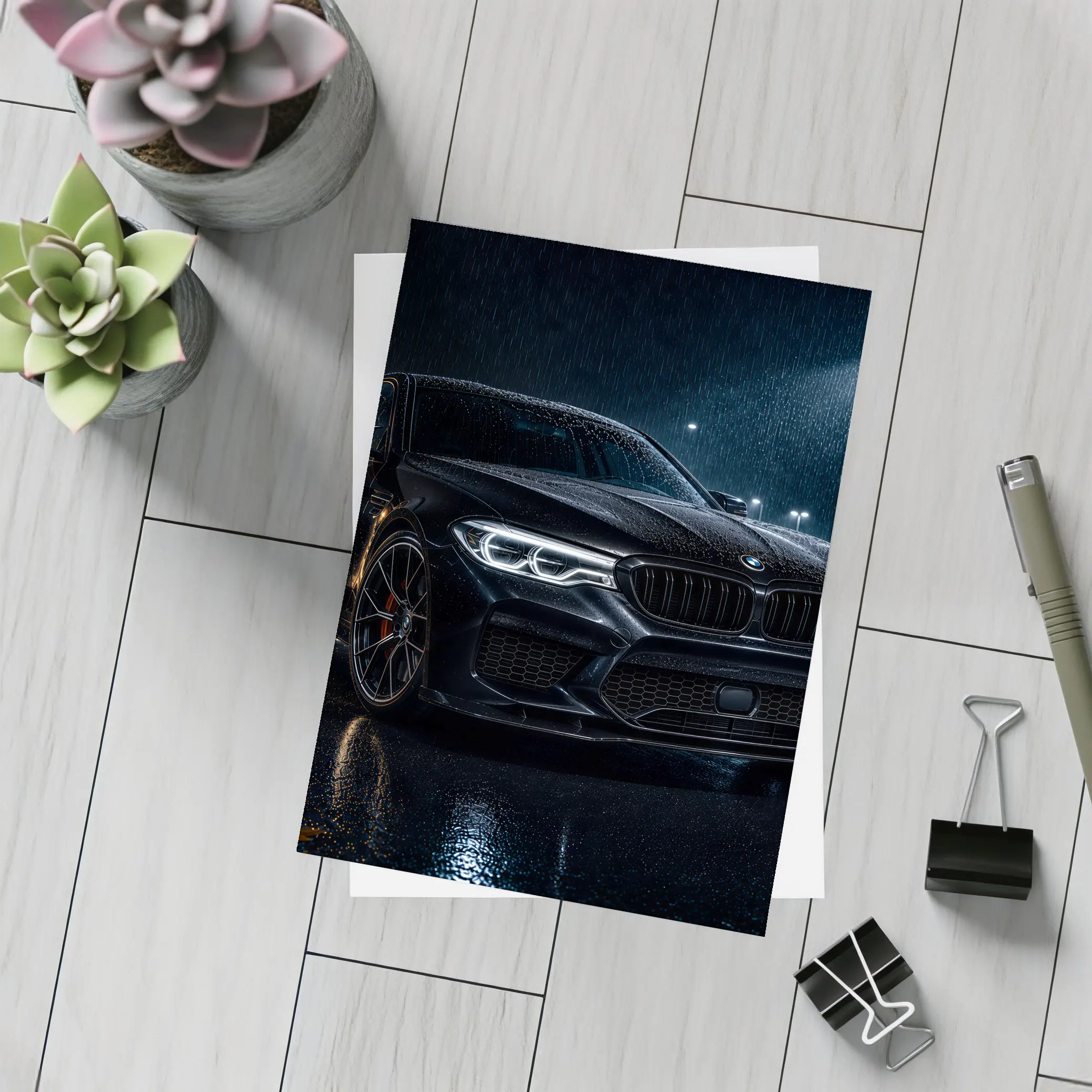BMW M5 Black Rainy Night Street – Postcards
