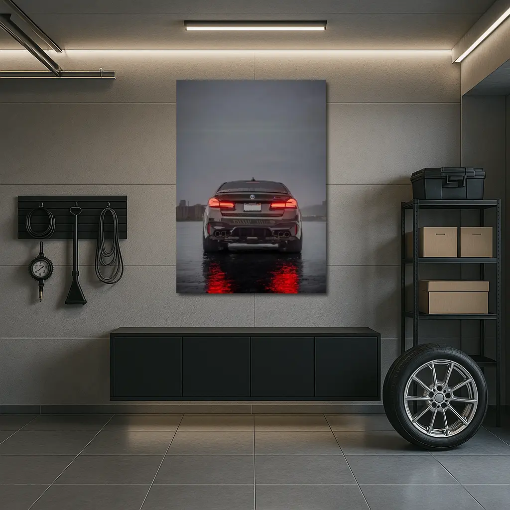 BMW M5 F90 Rear View Rainy Night – Wall Art