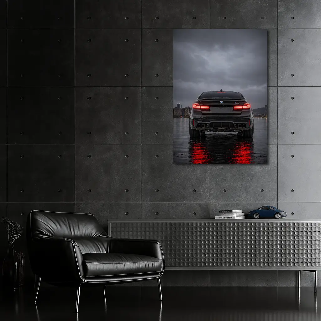 BMW M5 Rear View Stormy Night Water – Wall Art