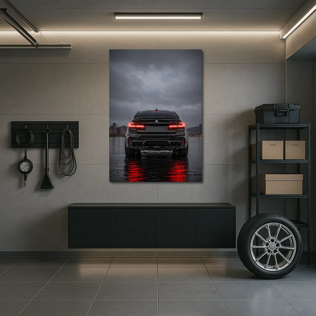 BMW M5 Rear View Stormy Night Water – Wall Art