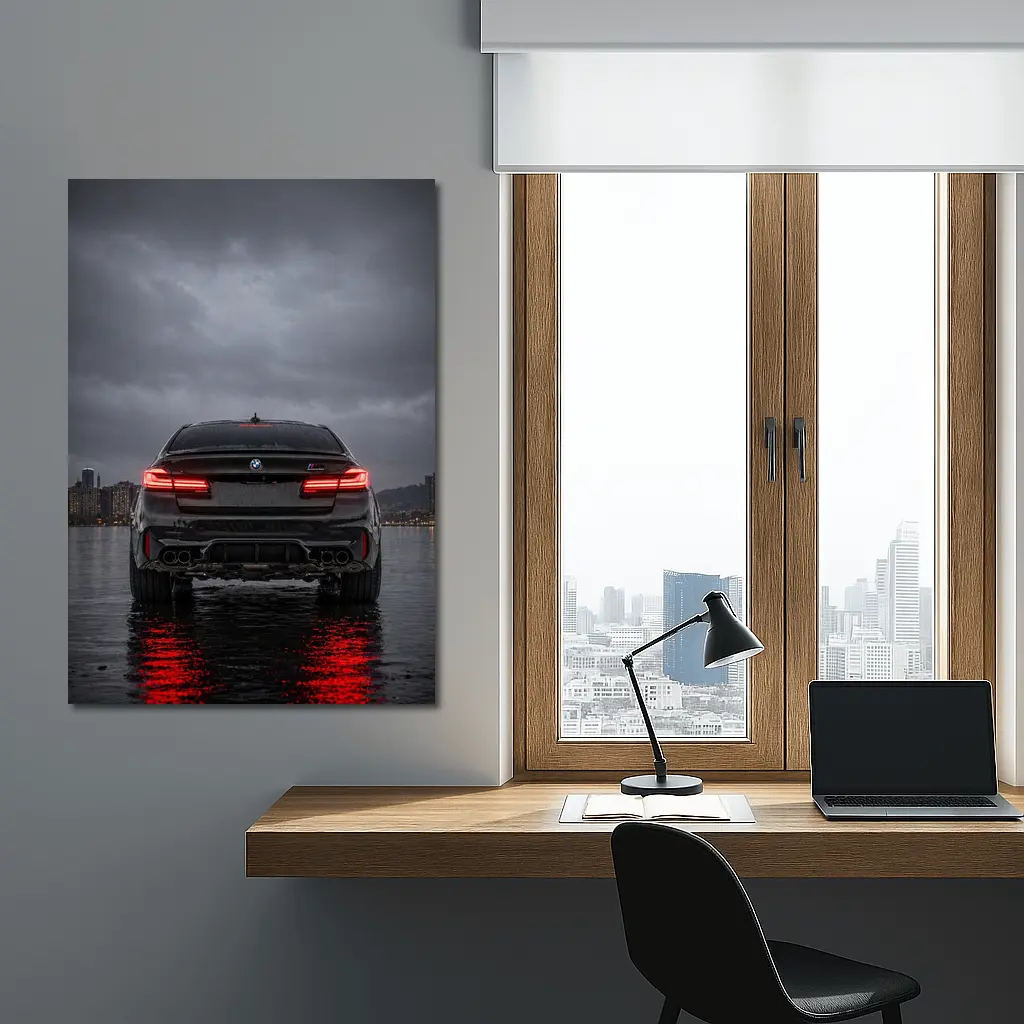 BMW M5 Rear View Stormy Night Water – Wall Art