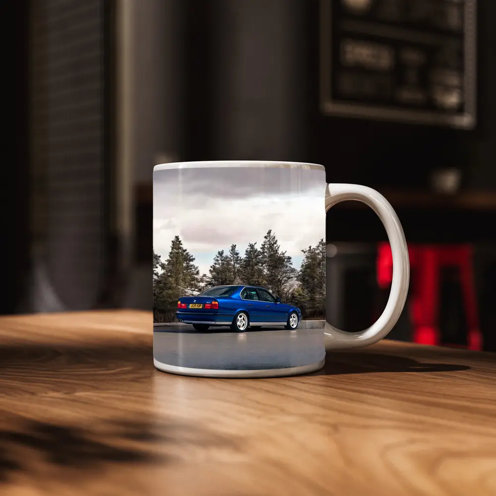 BMW M5 E34 Blue Sedan Outdoor Shot – Mugs
