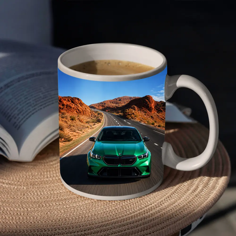 BMW M5 Green Speeding Desert Canyon Road – Mugs