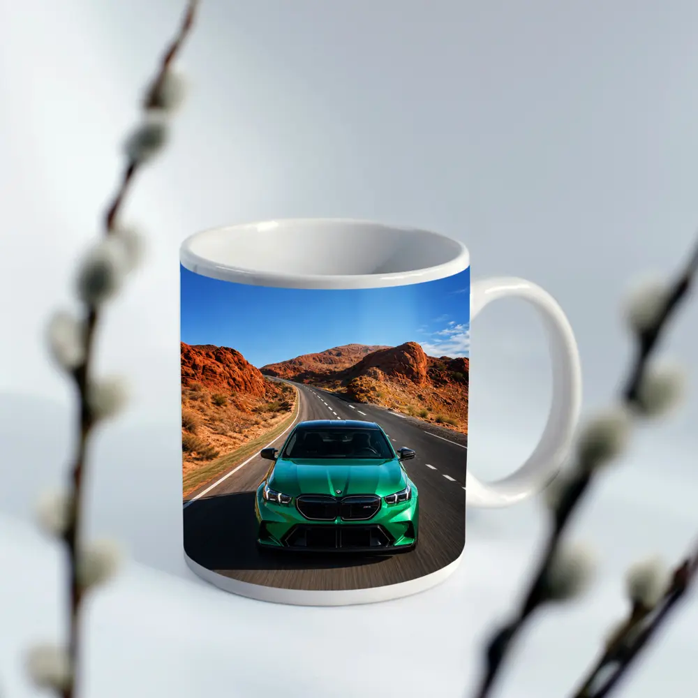 BMW M5 Green Speeding Desert Canyon Road – Mugs