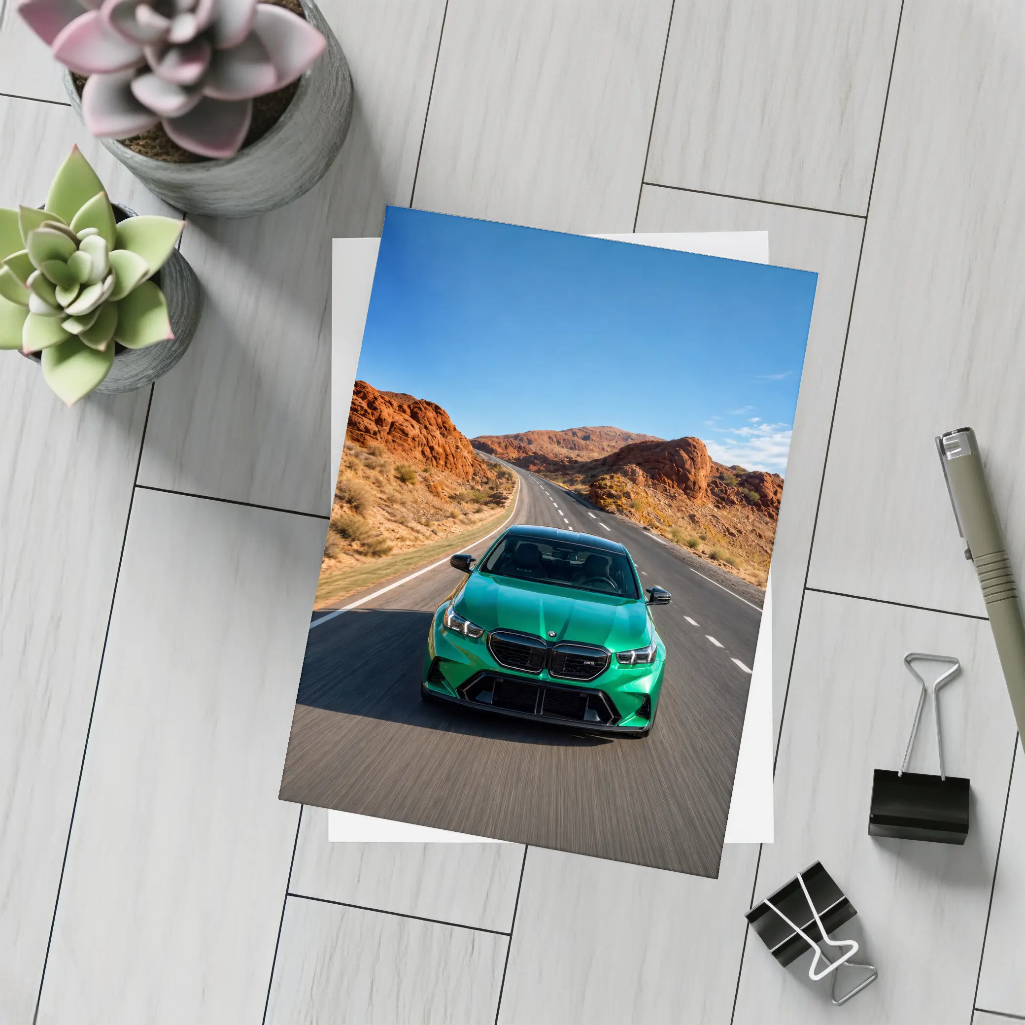 BMW M5 Green Speeding Desert Canyon Road – Postcards