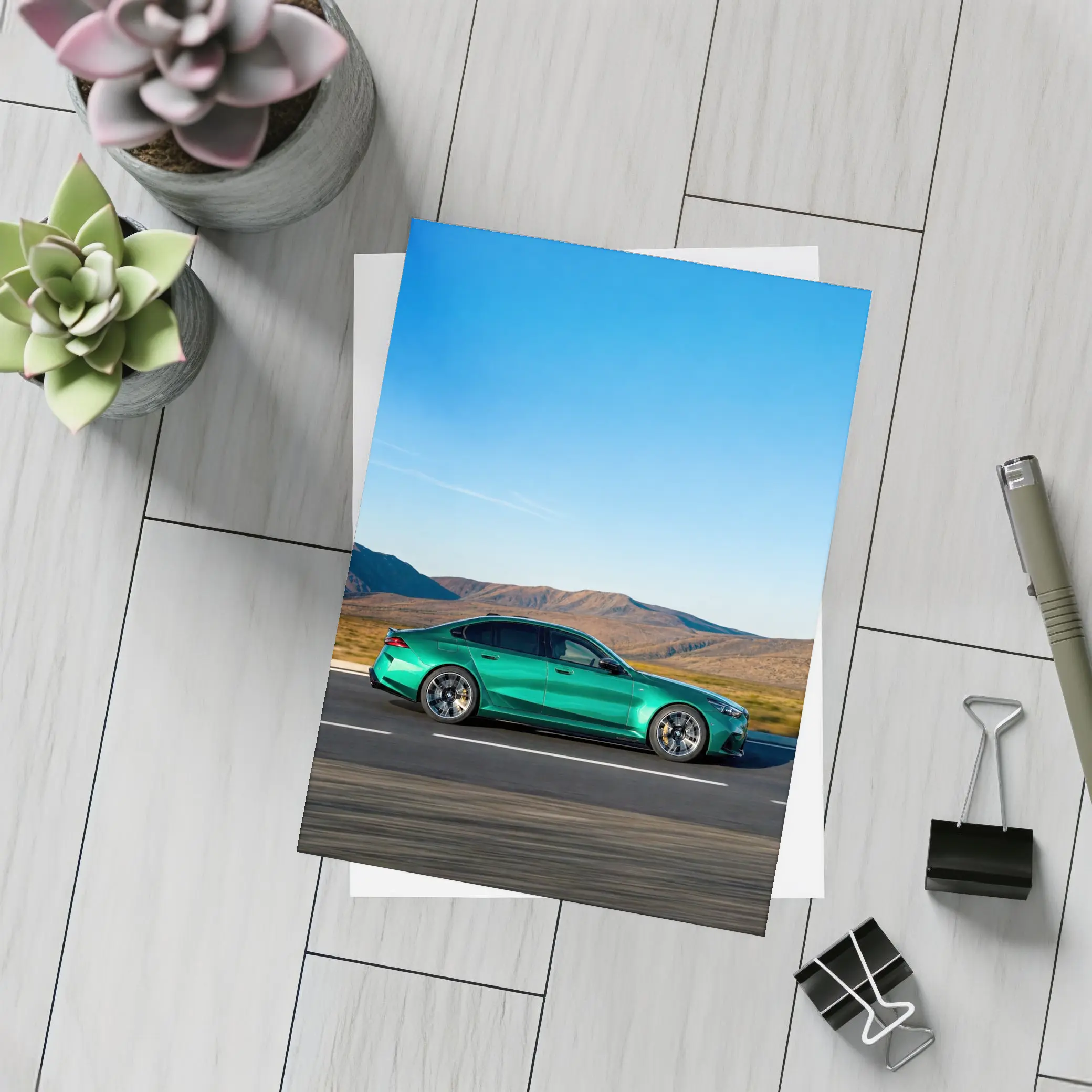 BMW M5 Green Sedan Desert Highway Drive – Postcards