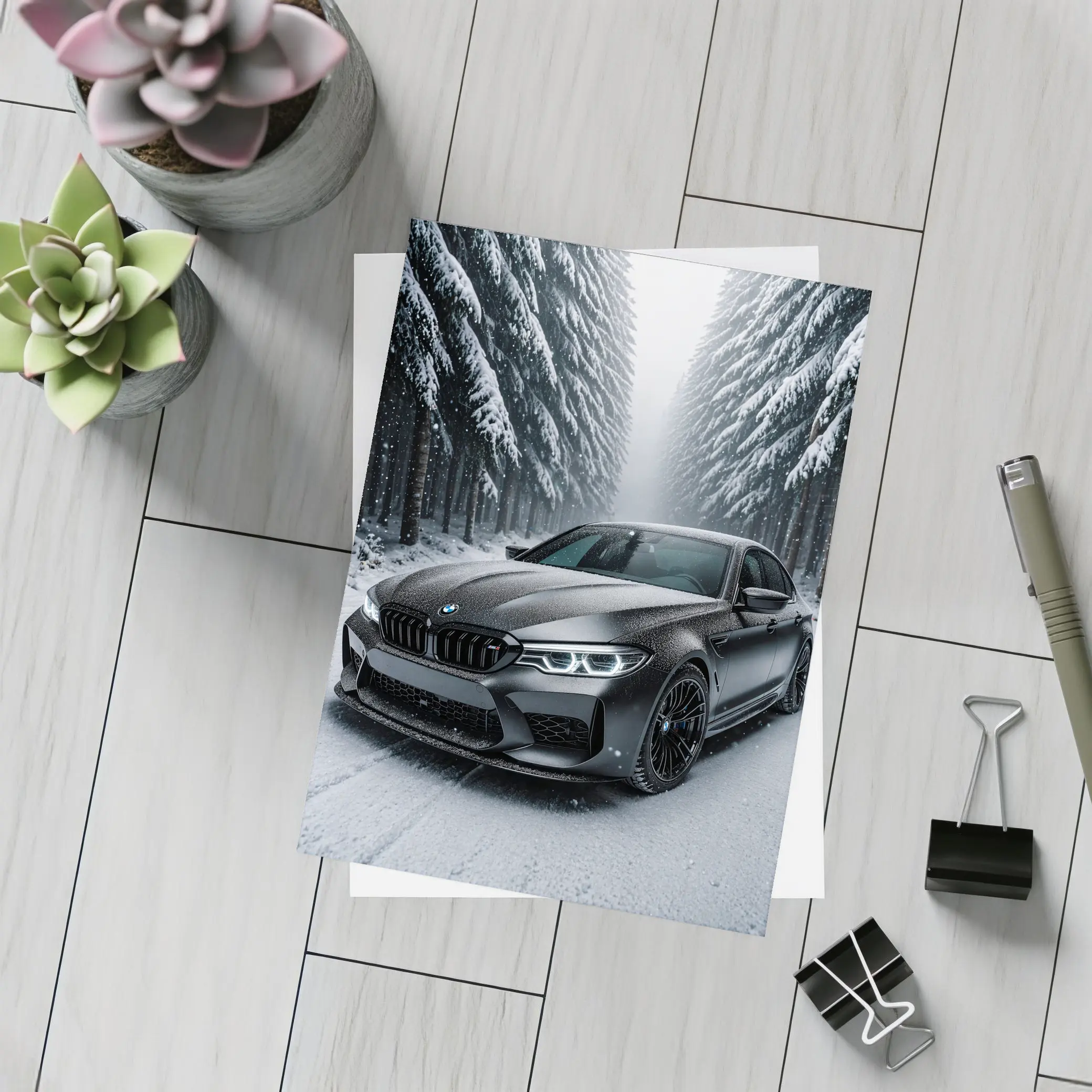 BMW M5 Matte Black Snowy Forest Road – Postcards